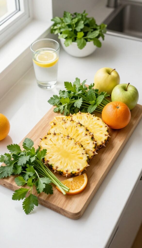 Fresh fruits, vegetables, and herbs on a kitchen counter, symbolizing a balanced diet for healthy skin and natural scent.