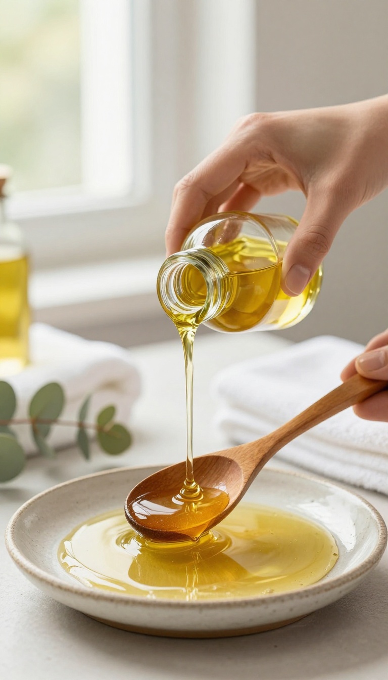 Honey and olive oil body conditioner ingredients on a rustic plate with a towel and eucalyptus leaves in soft light.
