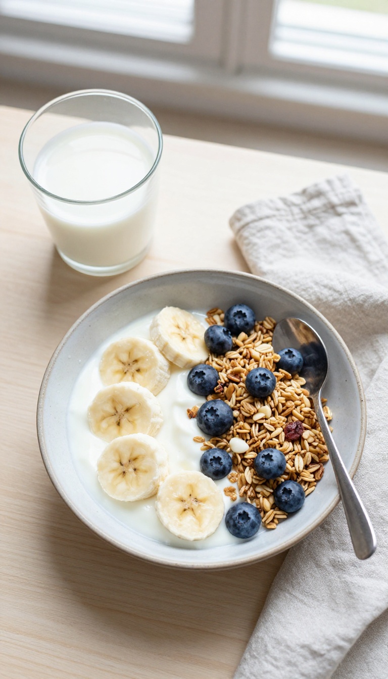 A healthy breakfast bowl with yogurt, banana, granola, and blueberries, with a glass of kefir, on a wooden table.
