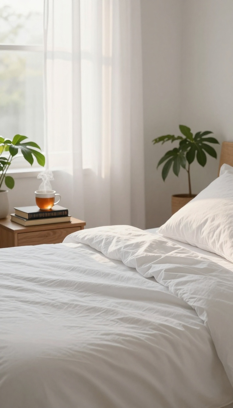 Cozy bedroom with soft morning light, neat bed, and calming decor for a sleep routine upgrade