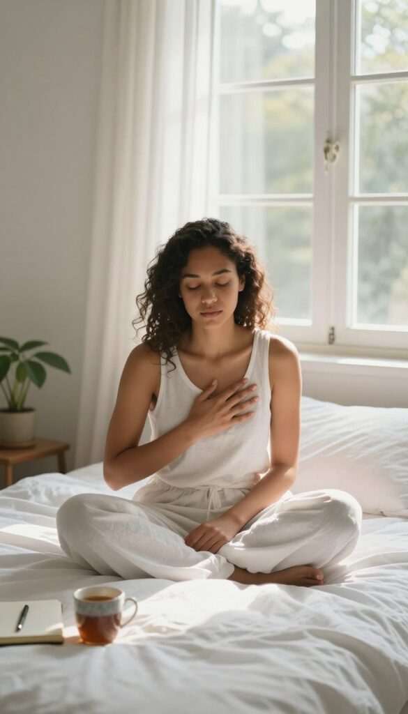 Woman setting a morning intention in a sunlit bedroom