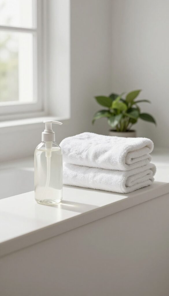 Gentle fragrance-free body wash on a bathroom shelf with soft towels and natural light