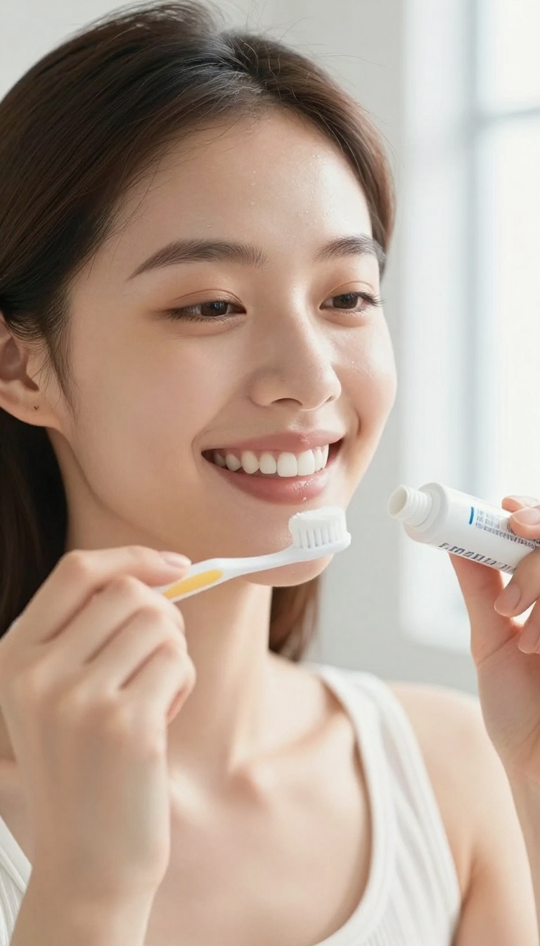 Young woman with a bright smile holding a toothbrush and toothpaste in a bright bathroom