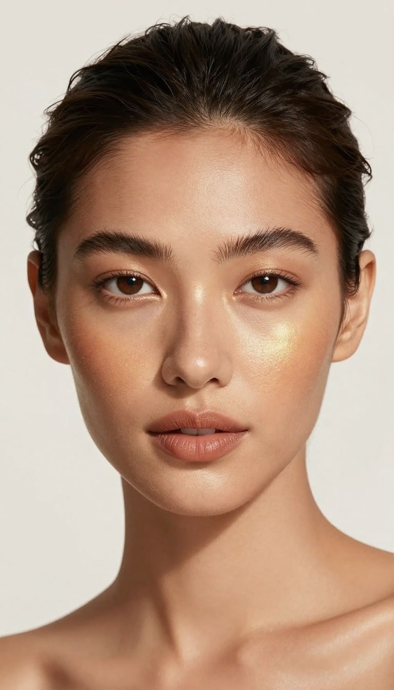 Woman with bronzed goddess glow makeup look, golden highlight and nude lip
