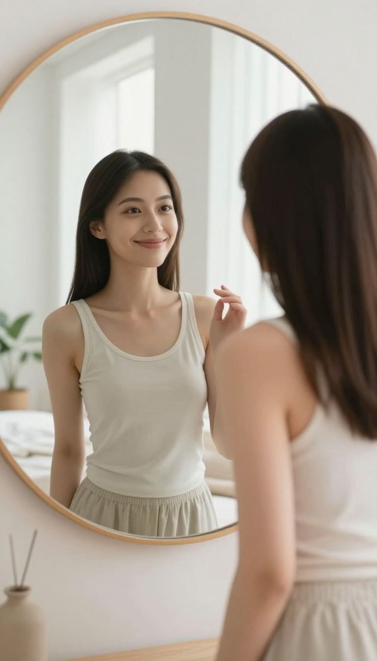 Woman practicing positive affirmations in front of a mirror in a bright bedroom