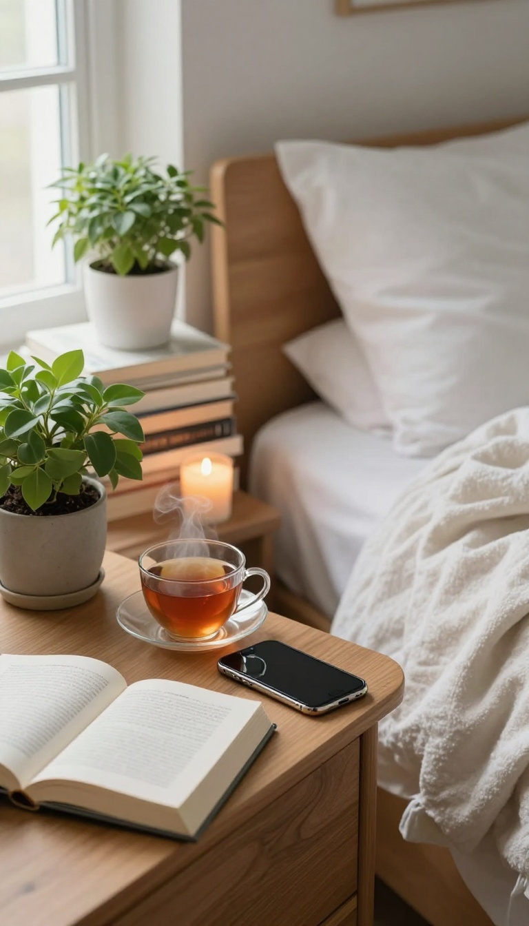 A smartphone face-down on a nightstand beside books and a candle, symbolizing a digital detox