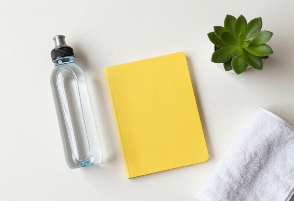 Flat lay of items for a one-week glow up challenge including water bottle, notebook, and plant