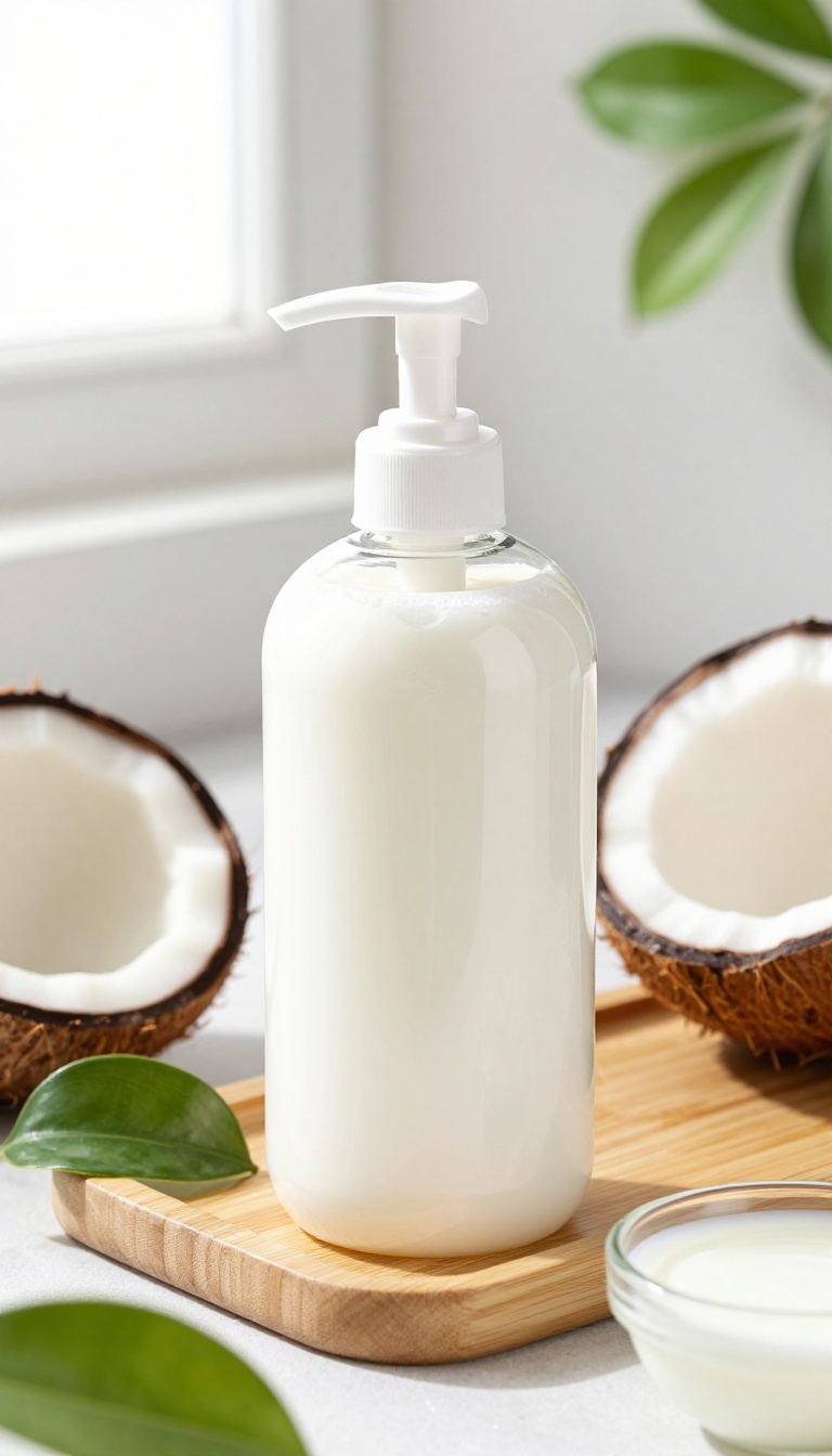 Coconut and almond milk body cleanser in a glass pump bottle on a bamboo tray with coconuts and tropical leaves.