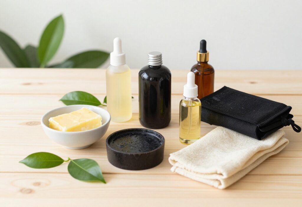 African body care products including shea butter, black soap, argan oil, and a kessa mitt on a wooden table
