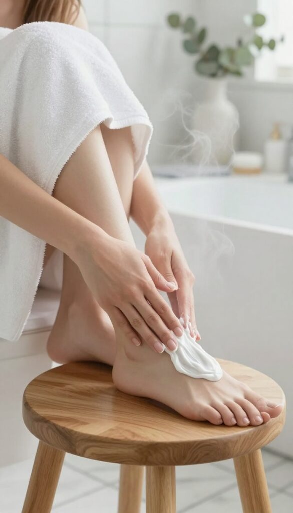 Woman moisturizing her feet and hands with cream after a shower
