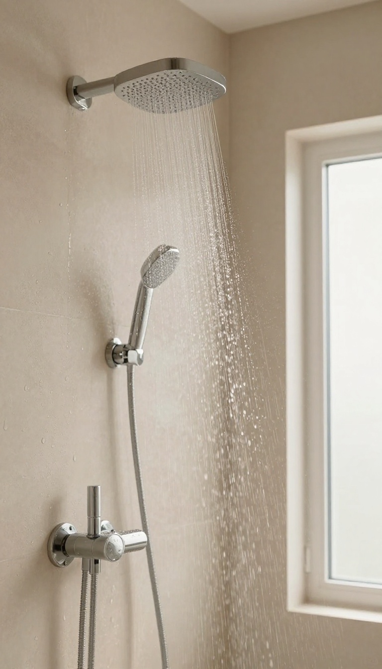 Warm water from a shower head on a stone wall in a bright, serene bathroom, representing a skin-friendly shower temperature.