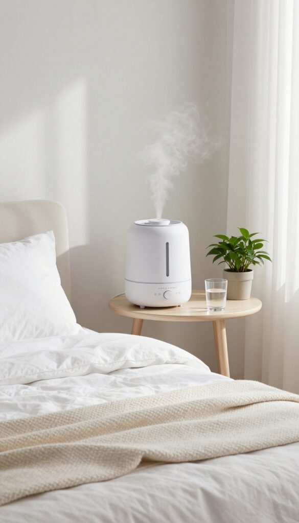 A modern bedroom with a cool-mist humidifier on a nightstand, softly misting into the air, with natural light and cozy bedding.