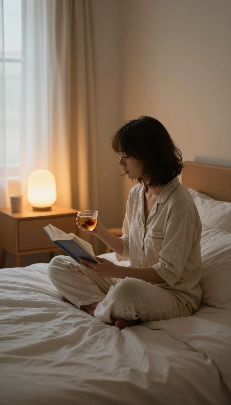 Person reading a book in a dimly lit bedroom with warm lamp light, creating a calming wind-down routine