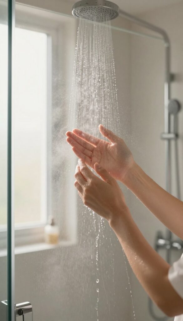 Person adjusting warm shower temperature in a serene bathroom