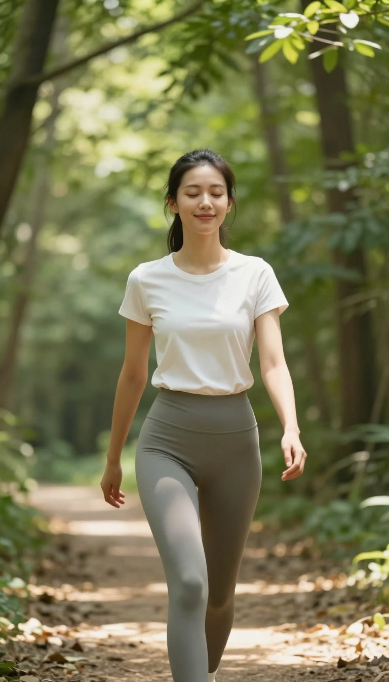 Woman walking on a sunlit forest trail to boost mood and confidence