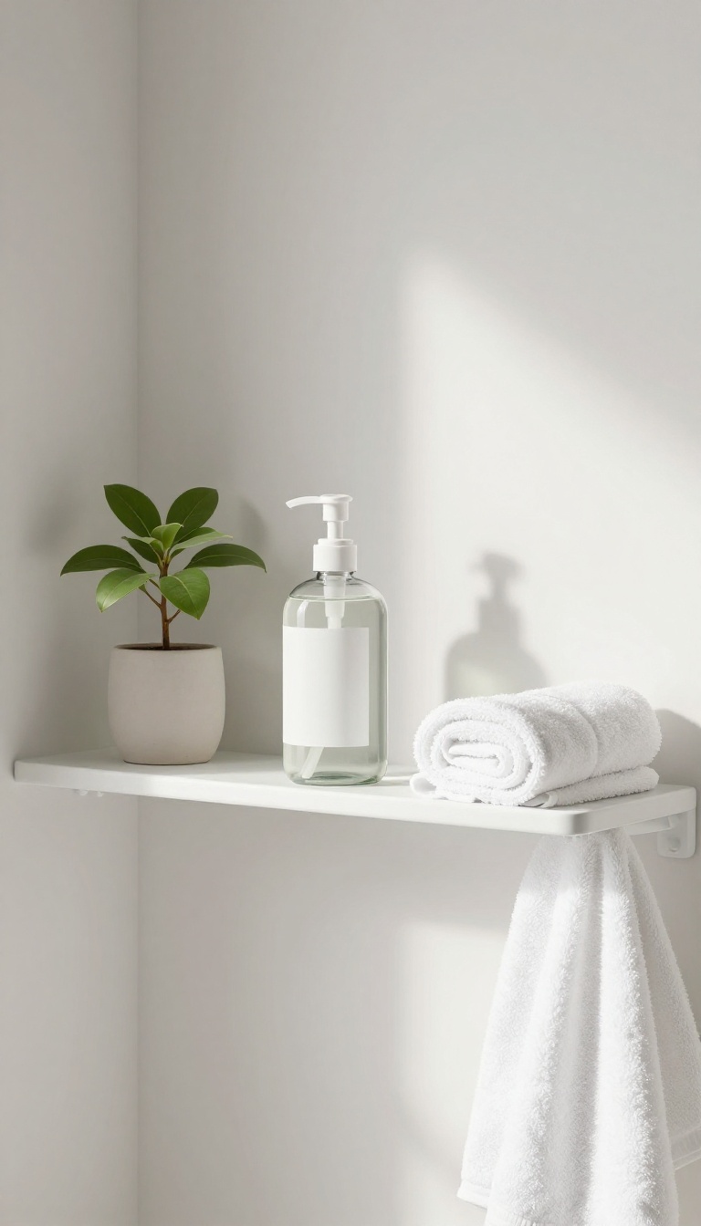 A sulfate-free body wash on a shower shelf with a plant and towel