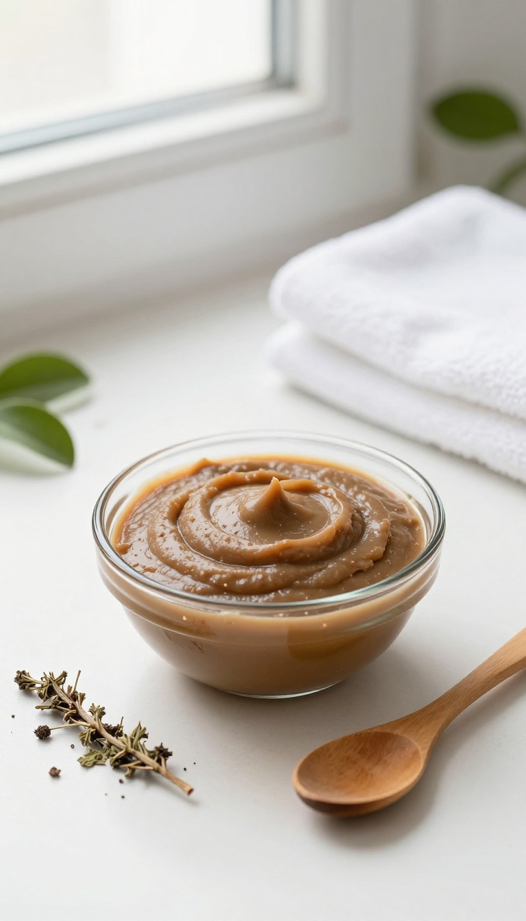 A bowl of clay and apple cider vinegar mask on a bathroom counter with natural light and spa-like elements