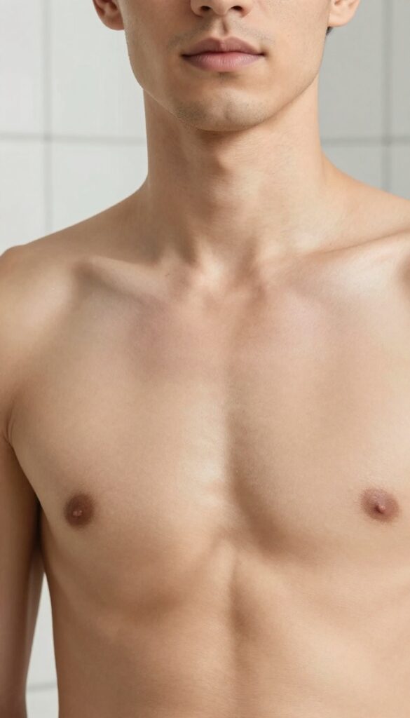Man's torso with light stubble between shaves, smooth calm skin, natural light