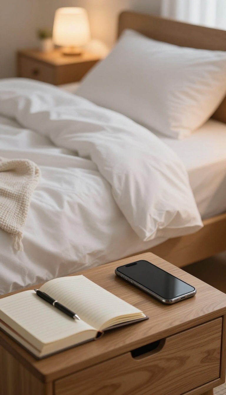 A peaceful bedroom with a phone placed away from the bed, books and a journal on the nightstand, soft lighting, and a cozy, inviting atmosphere for better sleep.