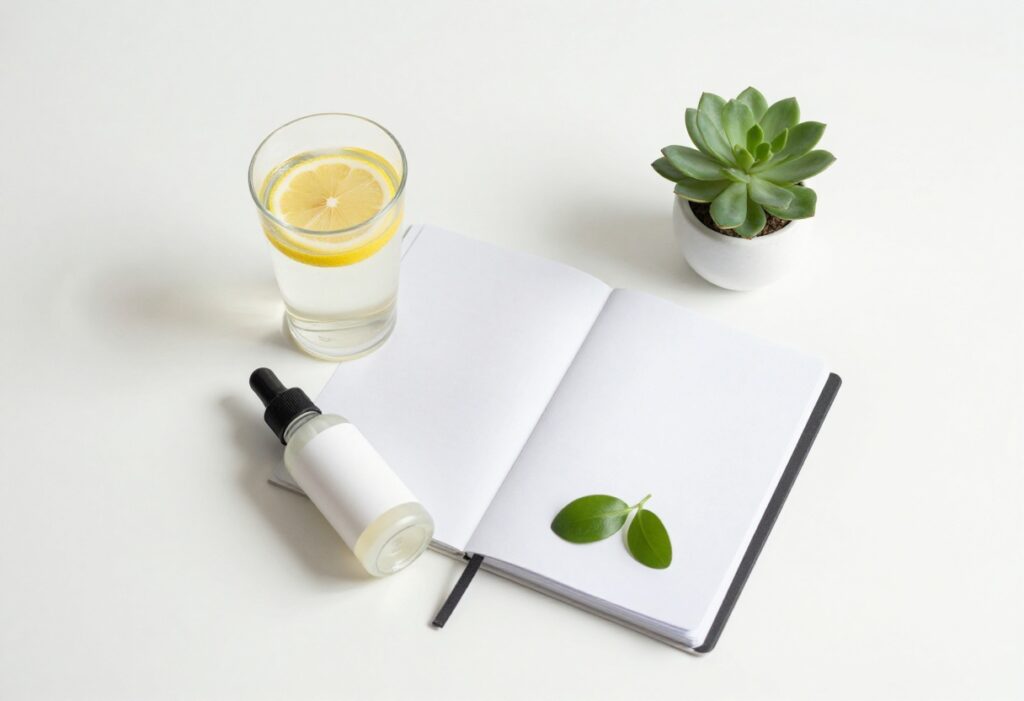 Flat-lay of glow up essentials including lemon water, skincare, journal, and yoga mat