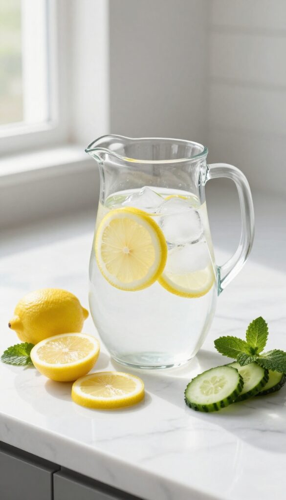 A clear water pitcher with lemon, cucumber, and mint on a bright kitchen counter.