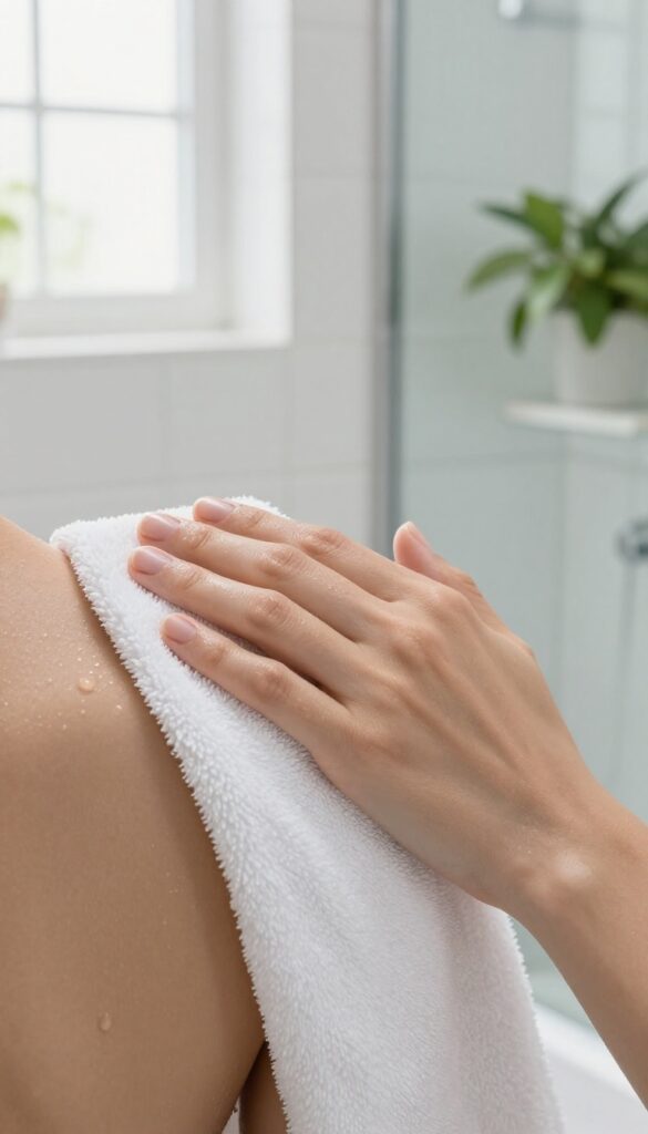 Person patting skin dry with a soft white towel after a shower, bright natural light, clean bathroom setting