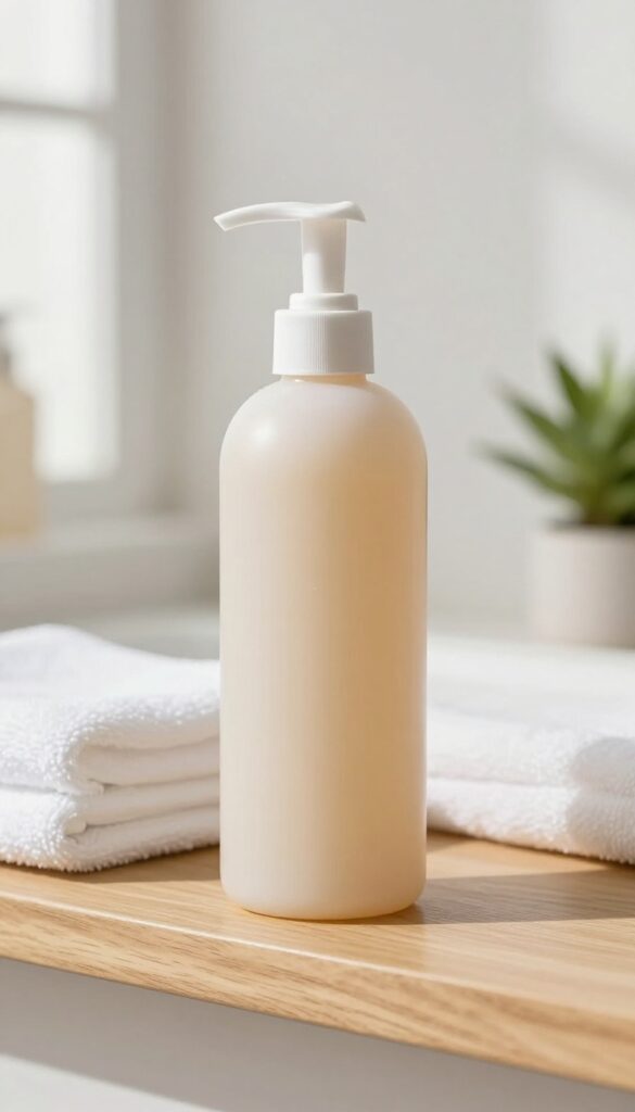 Gentle exfoliating body wash bottle on a bathroom shelf with natural light