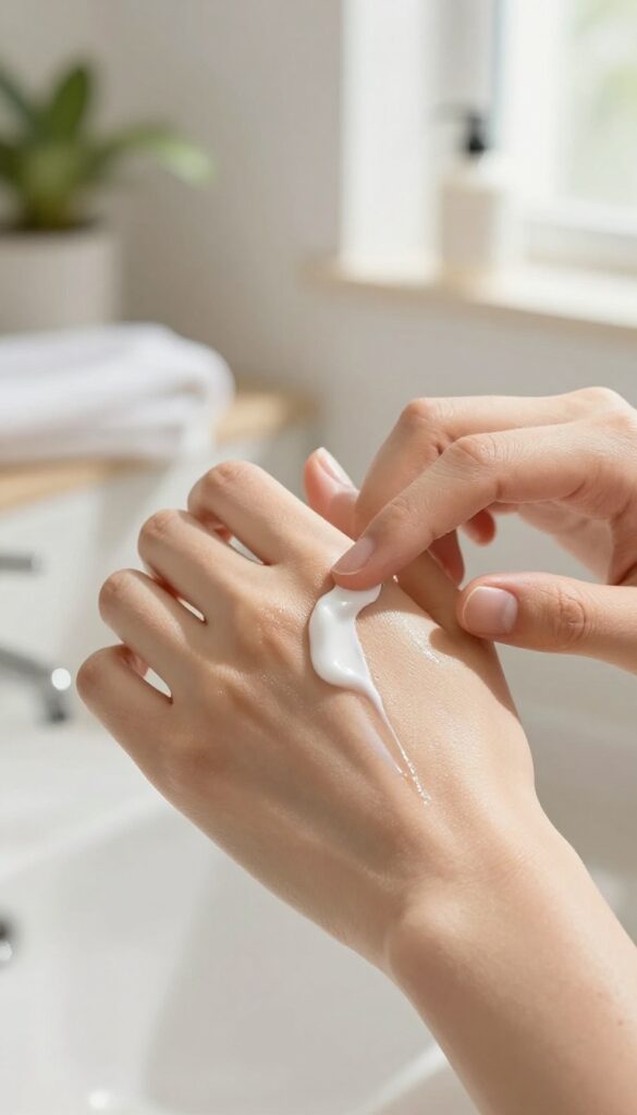 Hand applying body lotion to forearm in bright bathroom, showcasing hydrated glowing skin