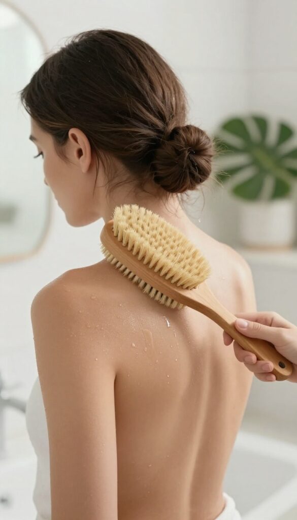 Woman exfoliating her back and shoulders with a long-handled brush in a bright bathroom