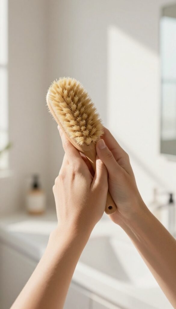 Person dry brushing their arm before a shower