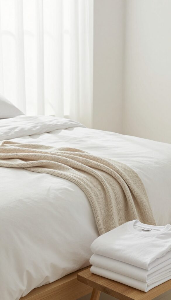 A bright bedroom with white cotton bedding and a stack of plain white t-shirts on a wooden bench, bathed in soft natural light.