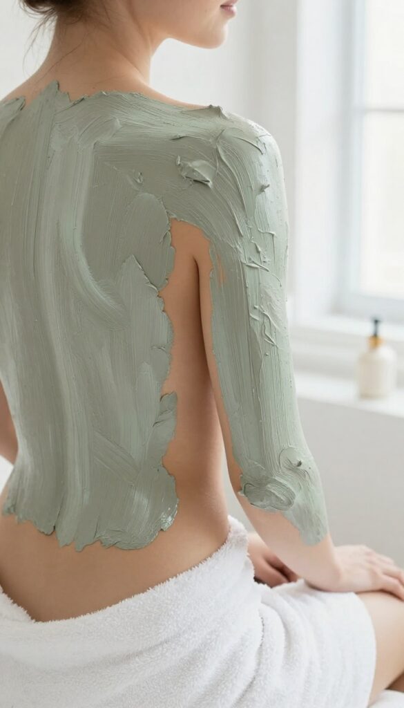Woman's back and shoulders with a detoxifying clay mask applied, in a bright bathroom setting.