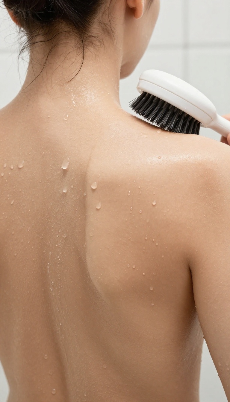 Person using a long-handled brush to scrub their back in a bright shower, focusing on back and neck skincare.