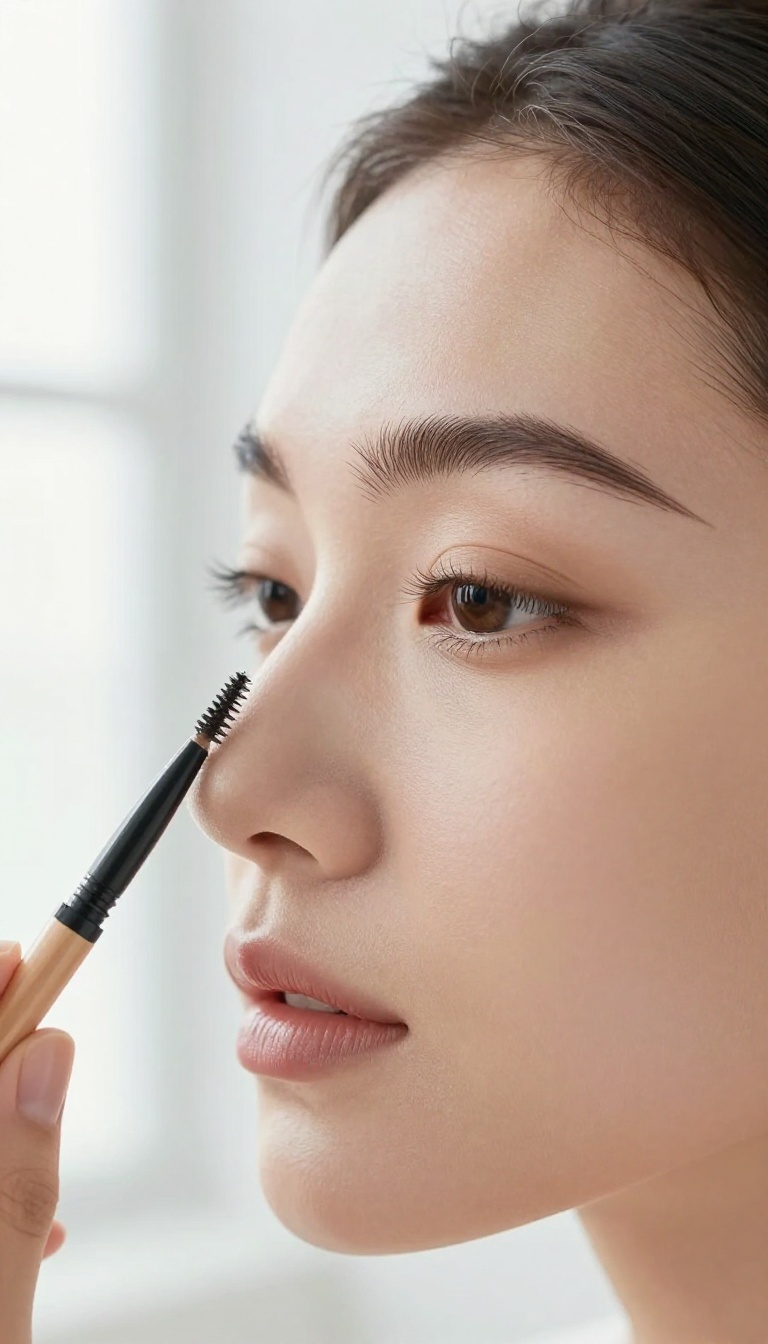 Woman with perfectly groomed eyebrows, with brow tools nearby in bright natural light