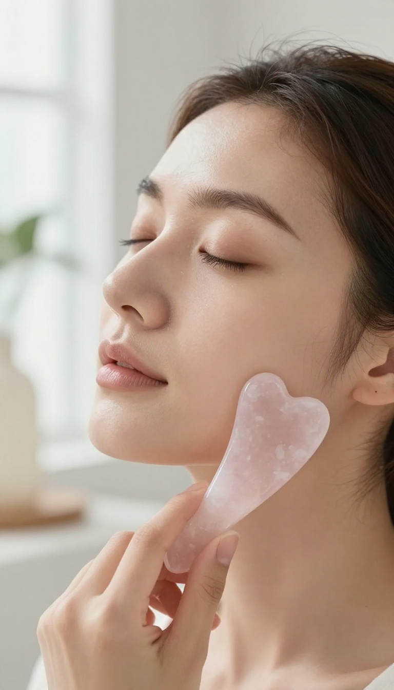 Woman using a gua sha tool on her face for a natural glow