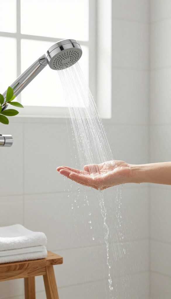 Hand testing lukewarm water temperature in a bright, clean bathroom shower