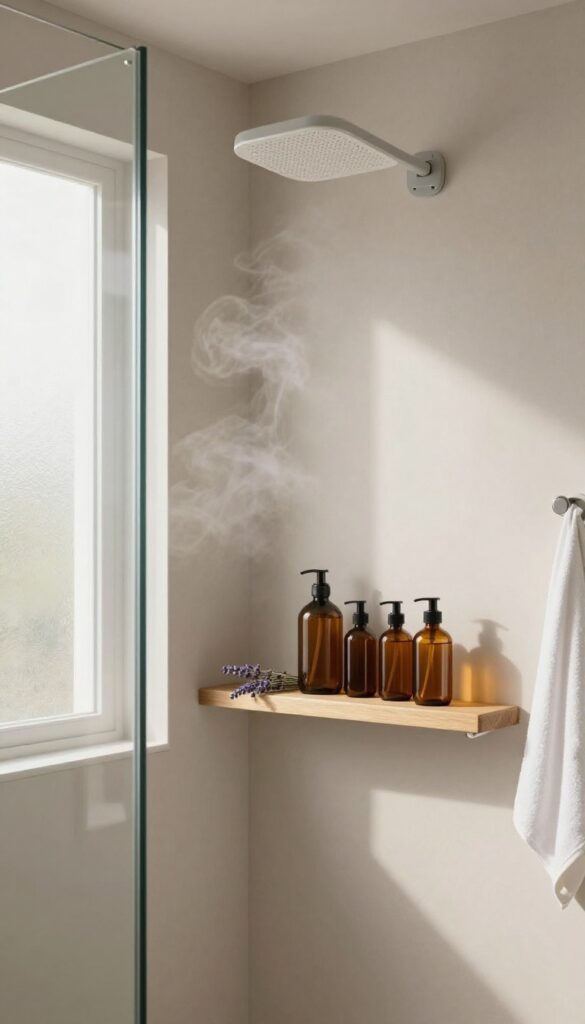 Spa-like bathroom shower with lavender-scented body wash bottles on a wooden shelf, soft steam and natural light.