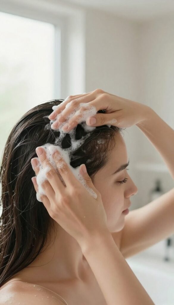 Woman massaging her scalp with a gentle scrub in a bright bathroom