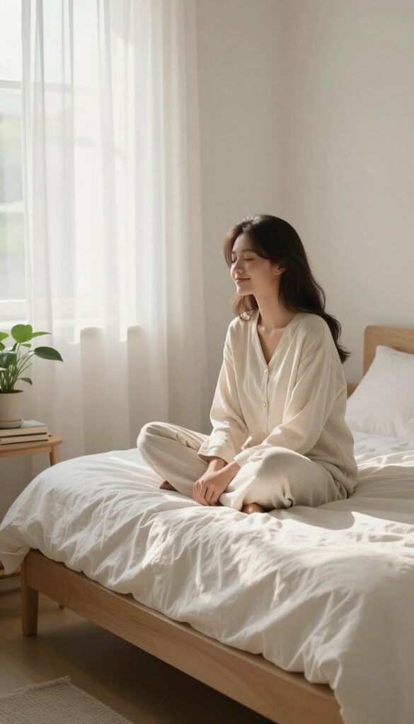 Person sitting peacefully on a bed with a mug, embodying patience and self-kindness in a calm bedroom setting.