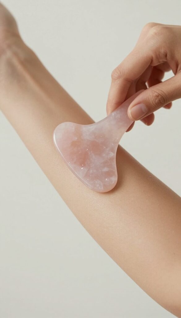 Woman massaging her arm with a rose quartz gua sha tool and body oil