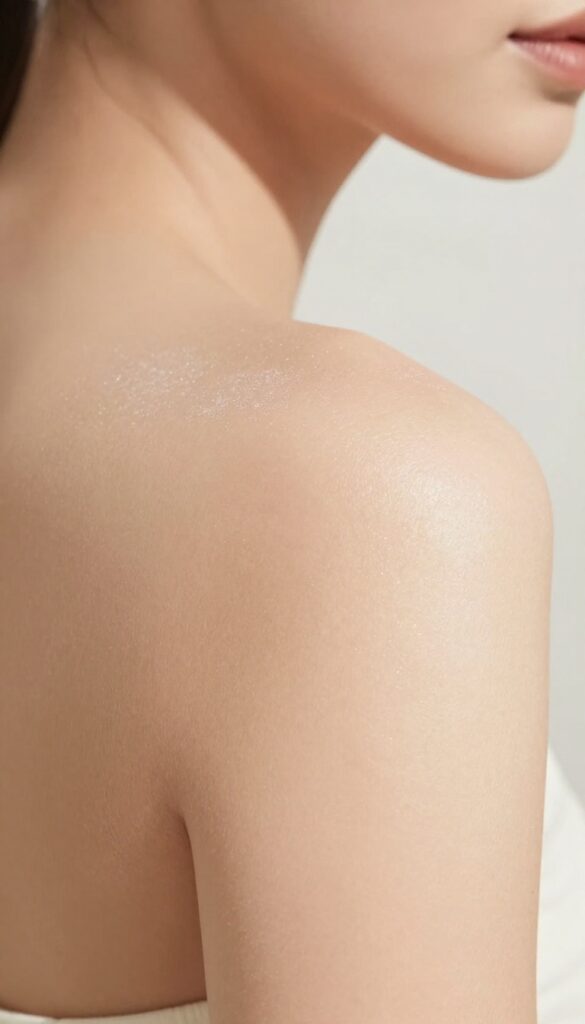 Woman's shoulder and collarbone with a soft, glowing body powder applied, highlighting the skin's natural radiance.