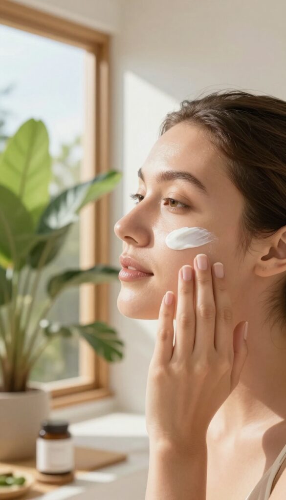 Woman applying sunscreen indoors near a sunlit window in a bright tropical bathroom