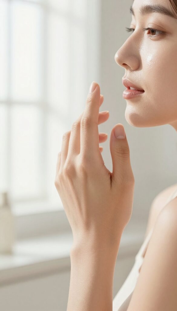 Applying sunscreen to the face in bright natural light