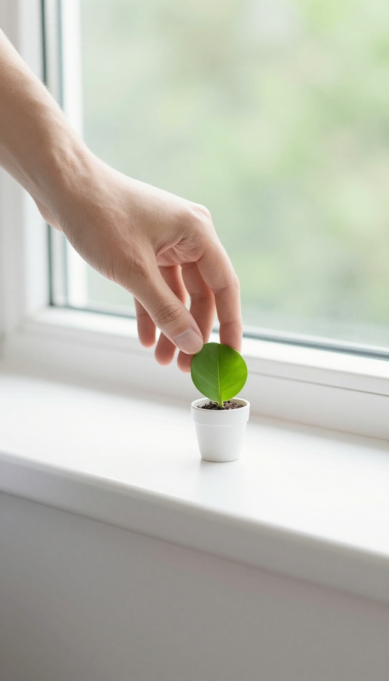 Person touching a potted plant by a sunny window with trees visible outside