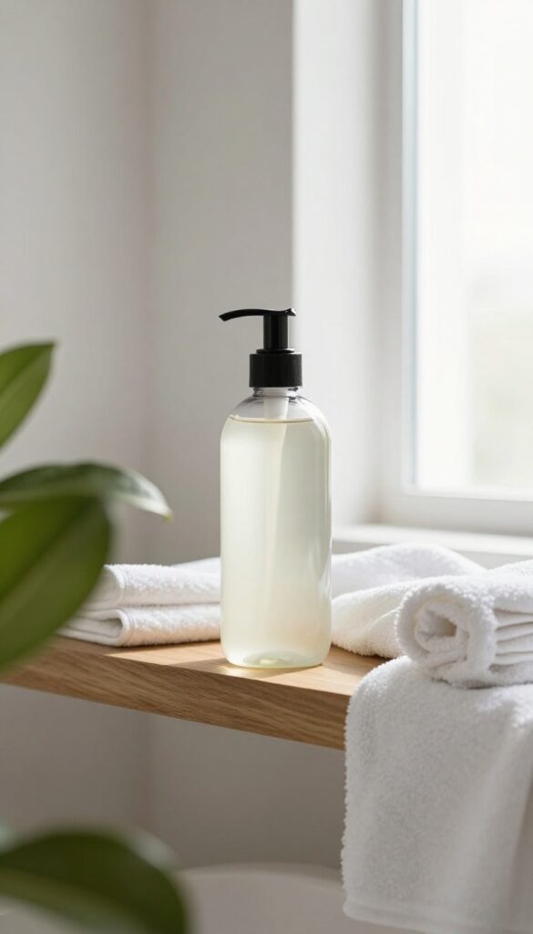 Sulfate-free body wash bottle in a bright bathroom with towels and plant