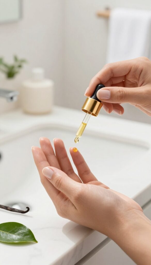 Applying vanilla cuticle oil to nails in a bright bathroom setting