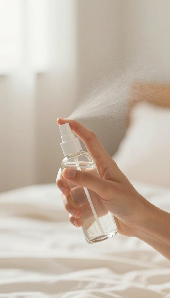 Woman spritzing vanilla body mist on her neck after dressing
