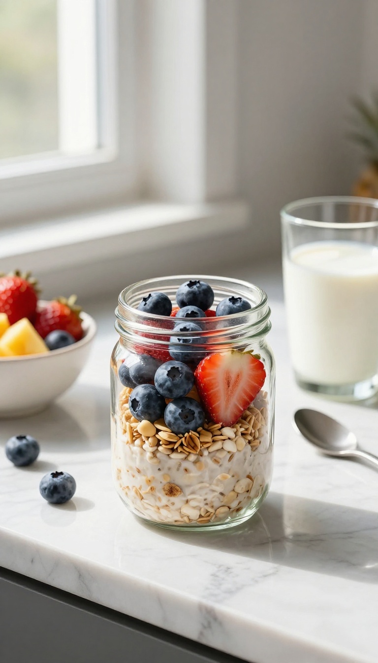 Overnight oats in a jar with fresh berries and granola on a marble countertop in morning light