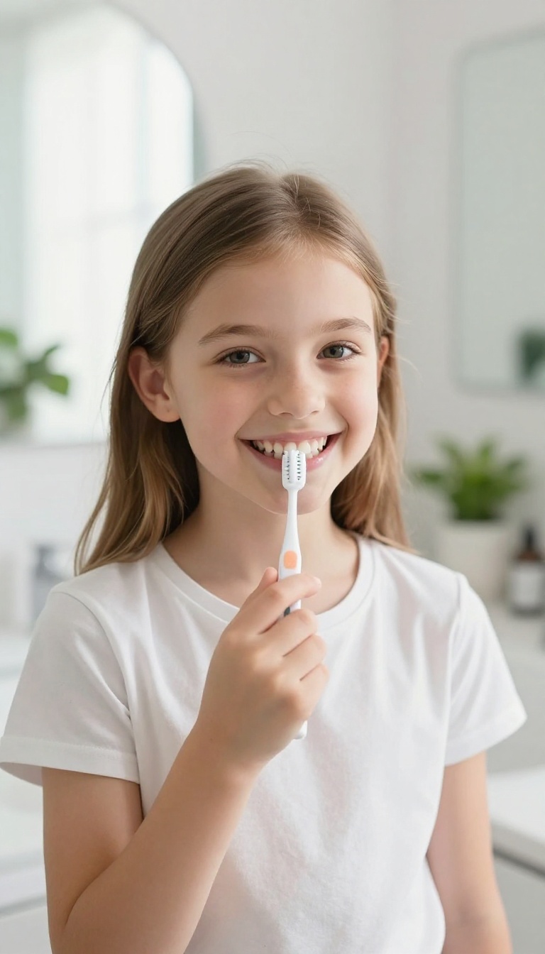 Teen girl with a bright smile holding a toothbrush and toothpaste in a sunlit bathroom