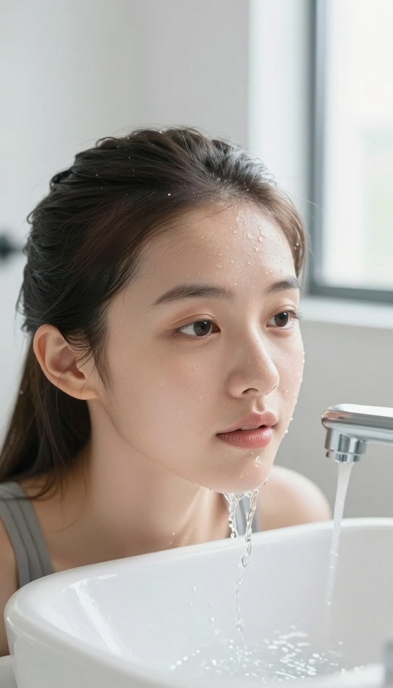 Woman rinsing her face with water after a workout